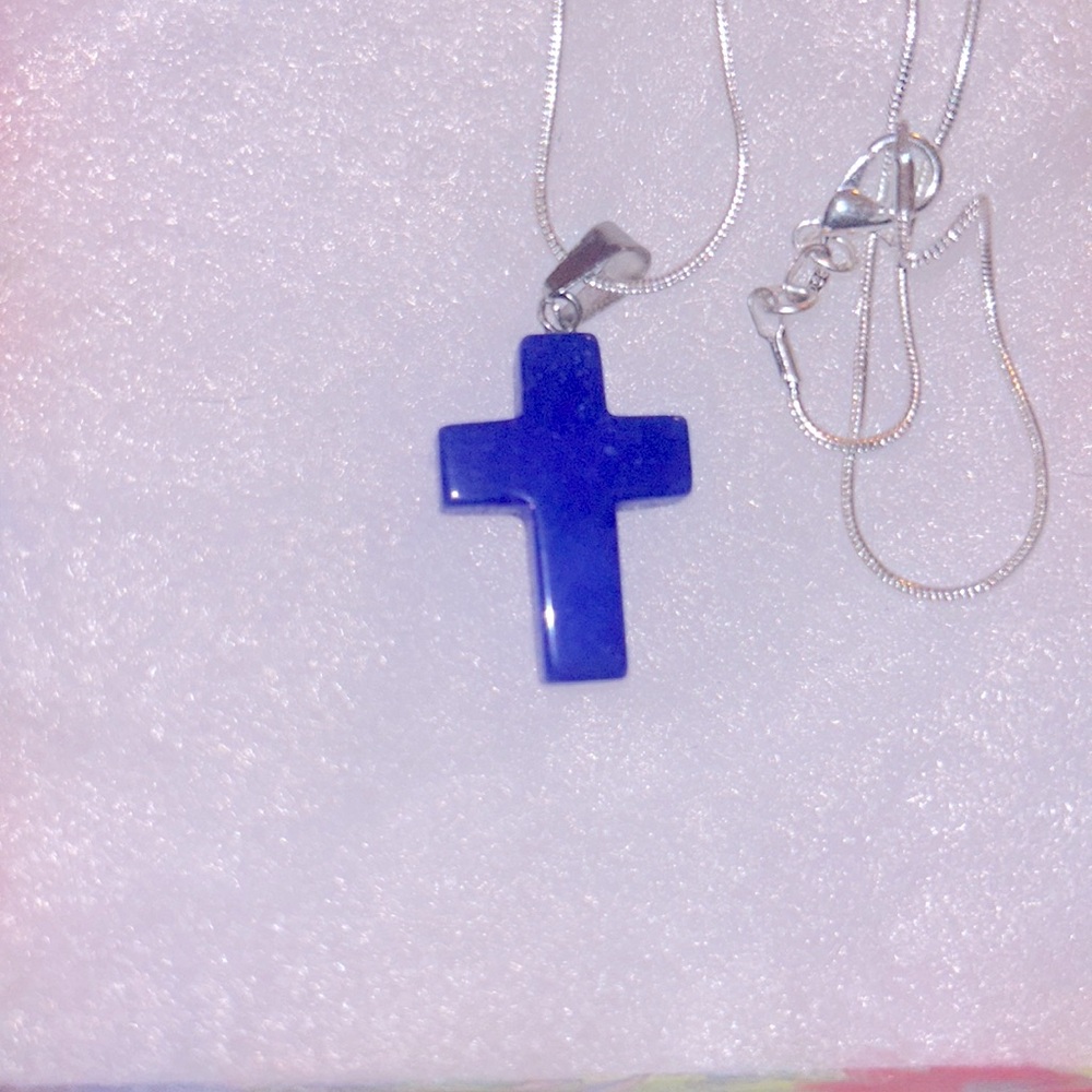 Boho hippie Lapis Lazuli Cross Sterling Silver 16” Necklace